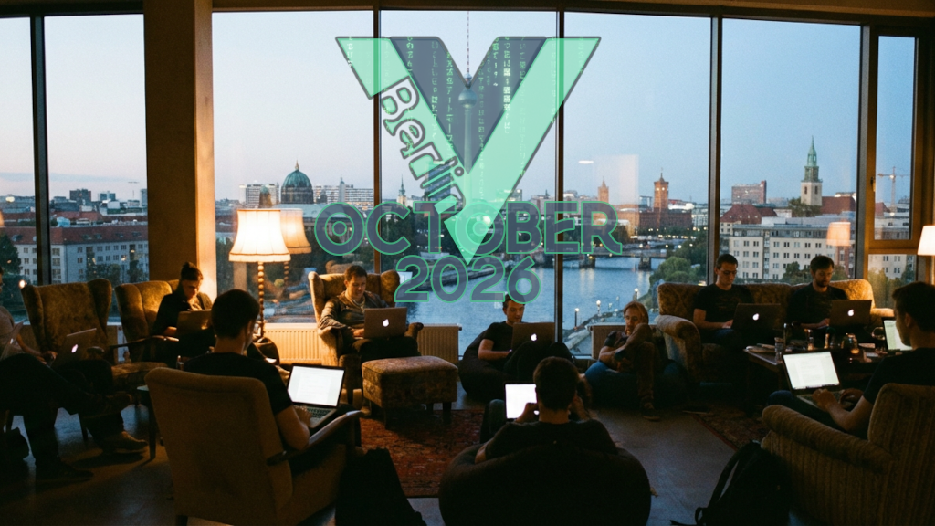 People sitting in a barely lit room with laptops, in front of a large window showing the Berlin skyline with the Vuejs Berlin logo.