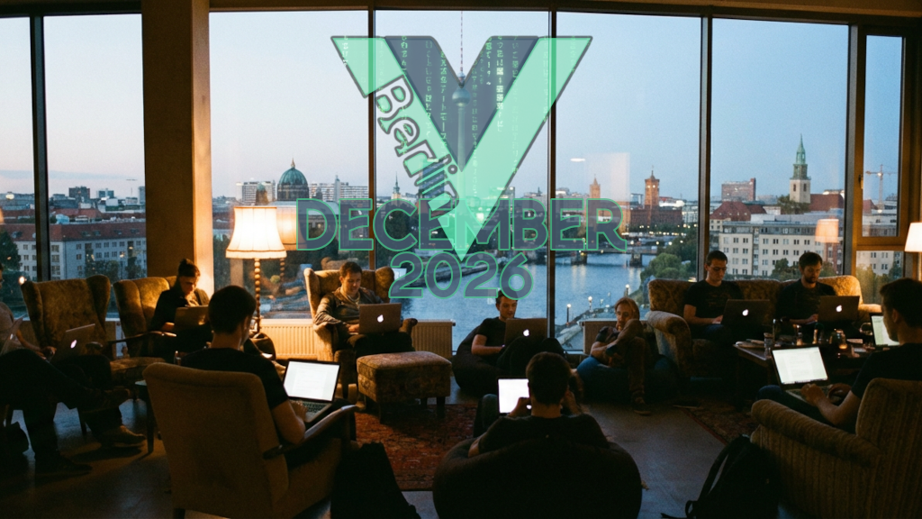 People sitting in a barely lit room with laptops, in front of a large window showing the Berlin skyline with the Vuejs Berlin logo.